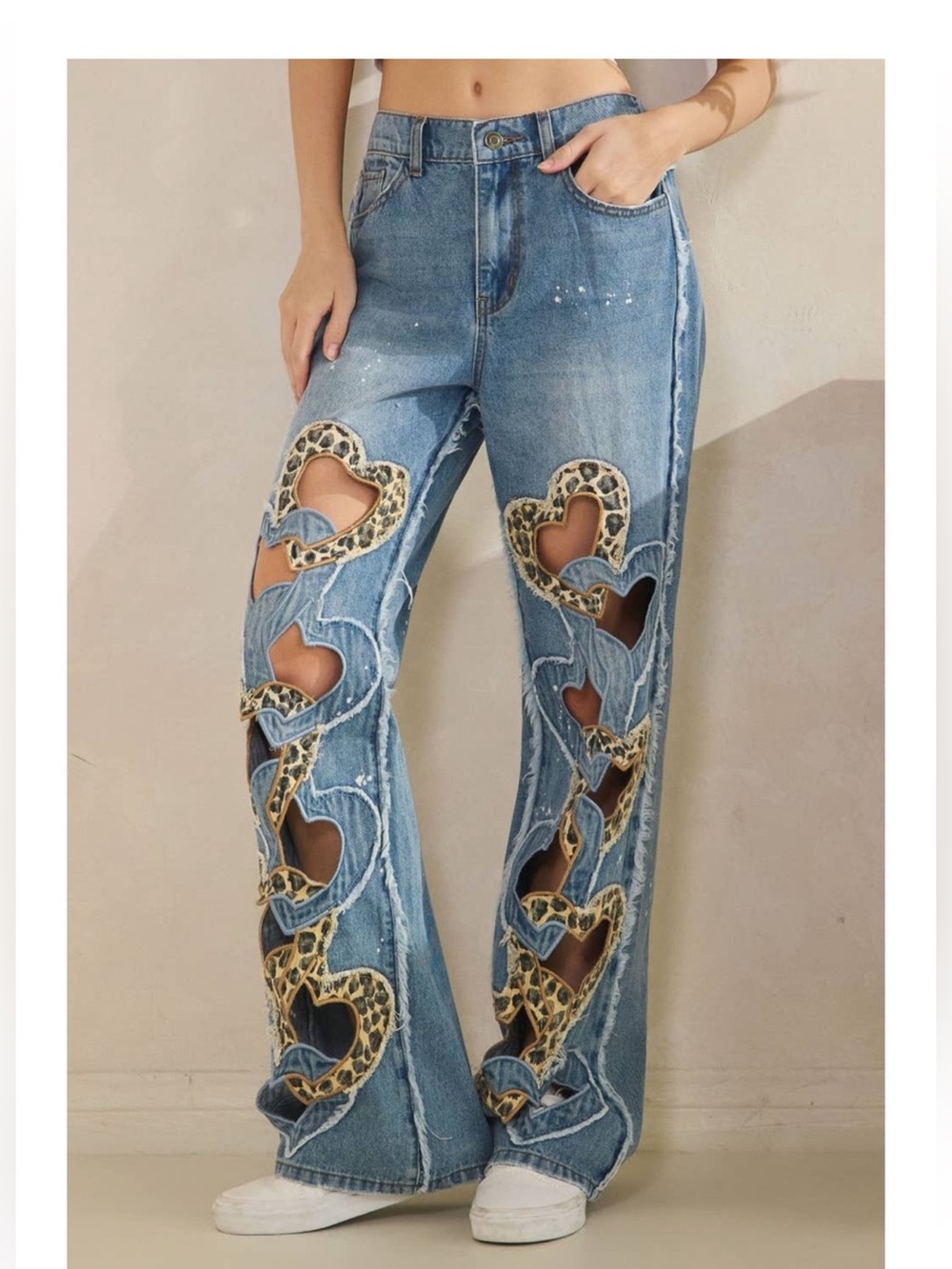Oli & Hali Blue Denim Wide-Leg Jeans with Leopard Heart Cutouts